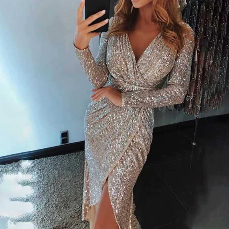 Elegant Dress Sequined Glitter Party Dress Women Sexy V Neck ...