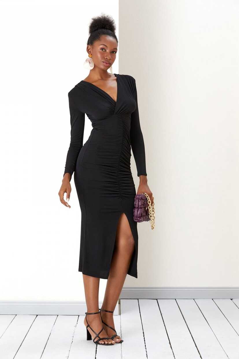 Elegant Ebony Choice Tory Long Sleeve Midi Dress - Sale from Yumi UK