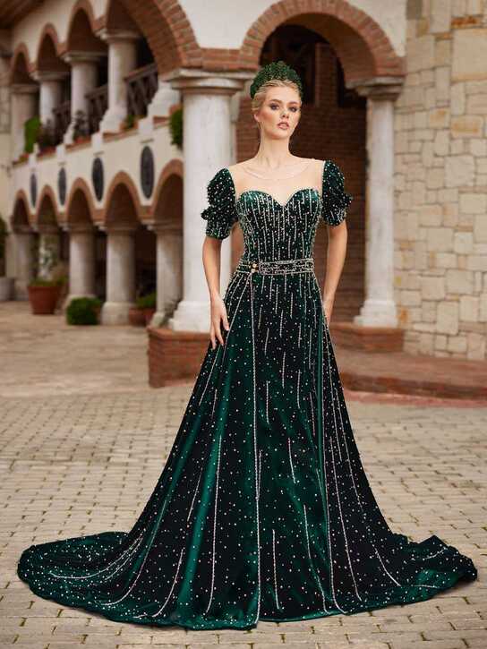 Elegant Emerald Green Velvet Sequin Beaded Long Evening Dress ...