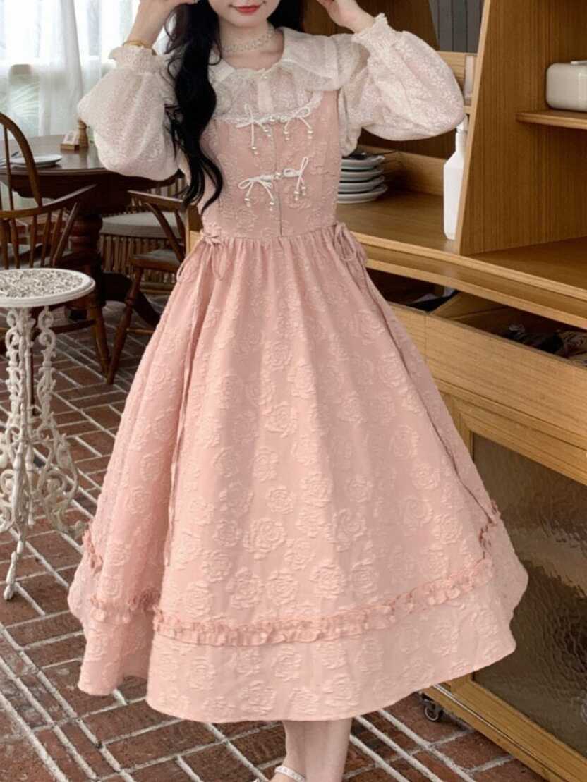 Elegant Evening Party Midi Dress Women Pink Lace Korean Kawaii ...