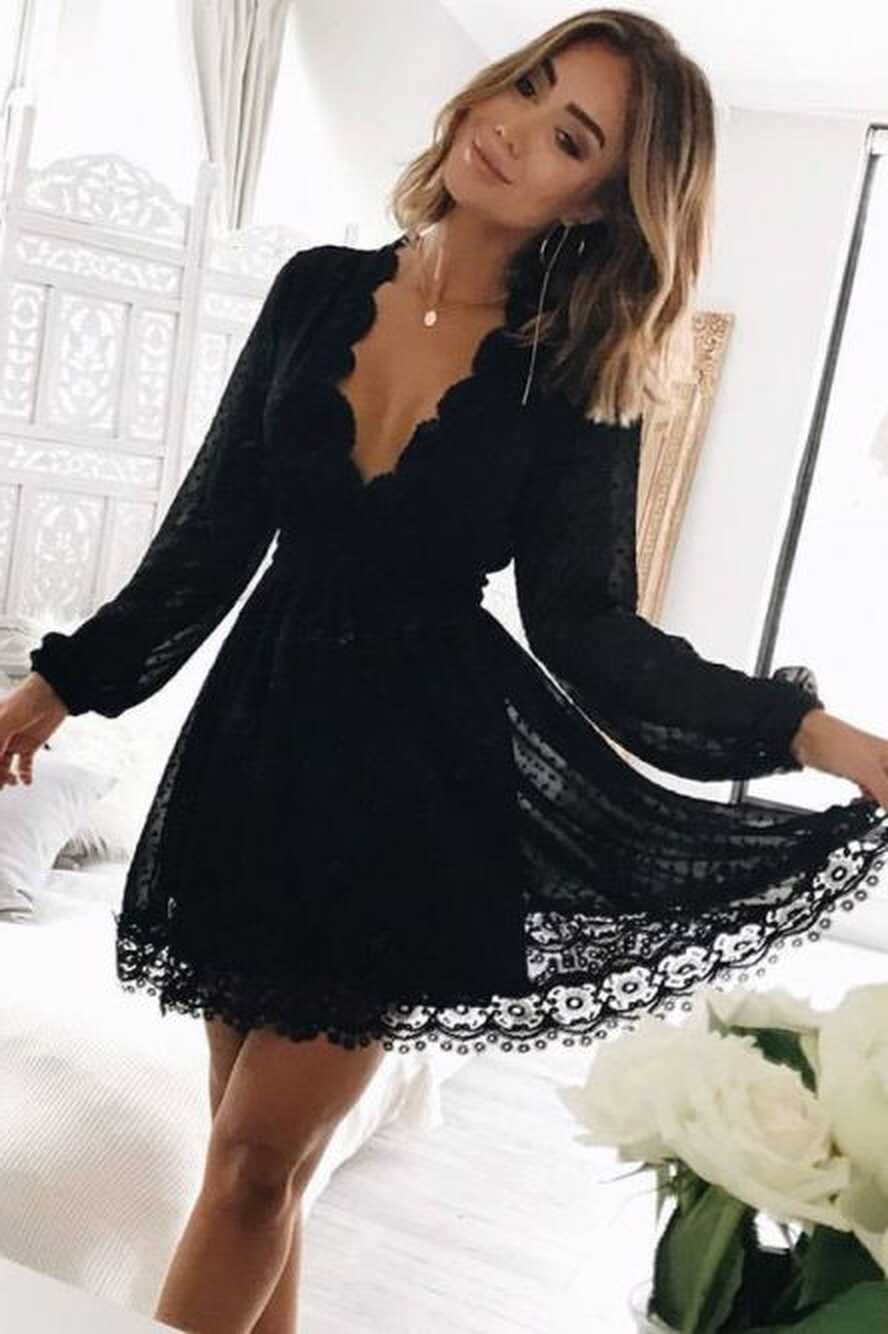 Elegant Fit &amp; Flare Black Lace Short Homecoming Dress with Long ...