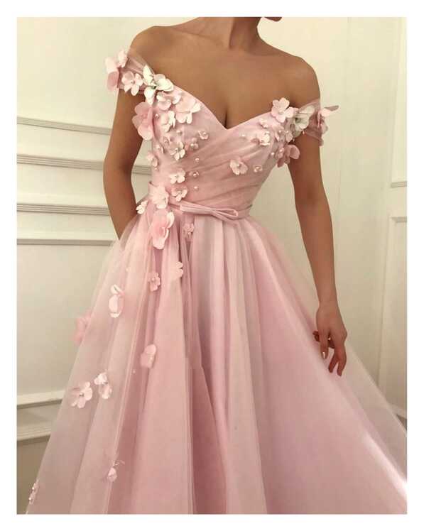 Elegant Floral Evening Dress Off Shoulder A-Line Appliqué Tulle V ...