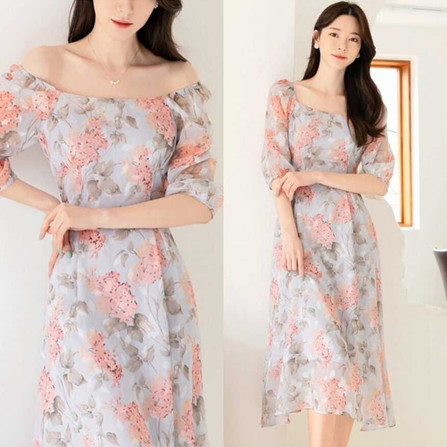 Elegant Floral Party Dress Korean Style See Though Midi Dress ...