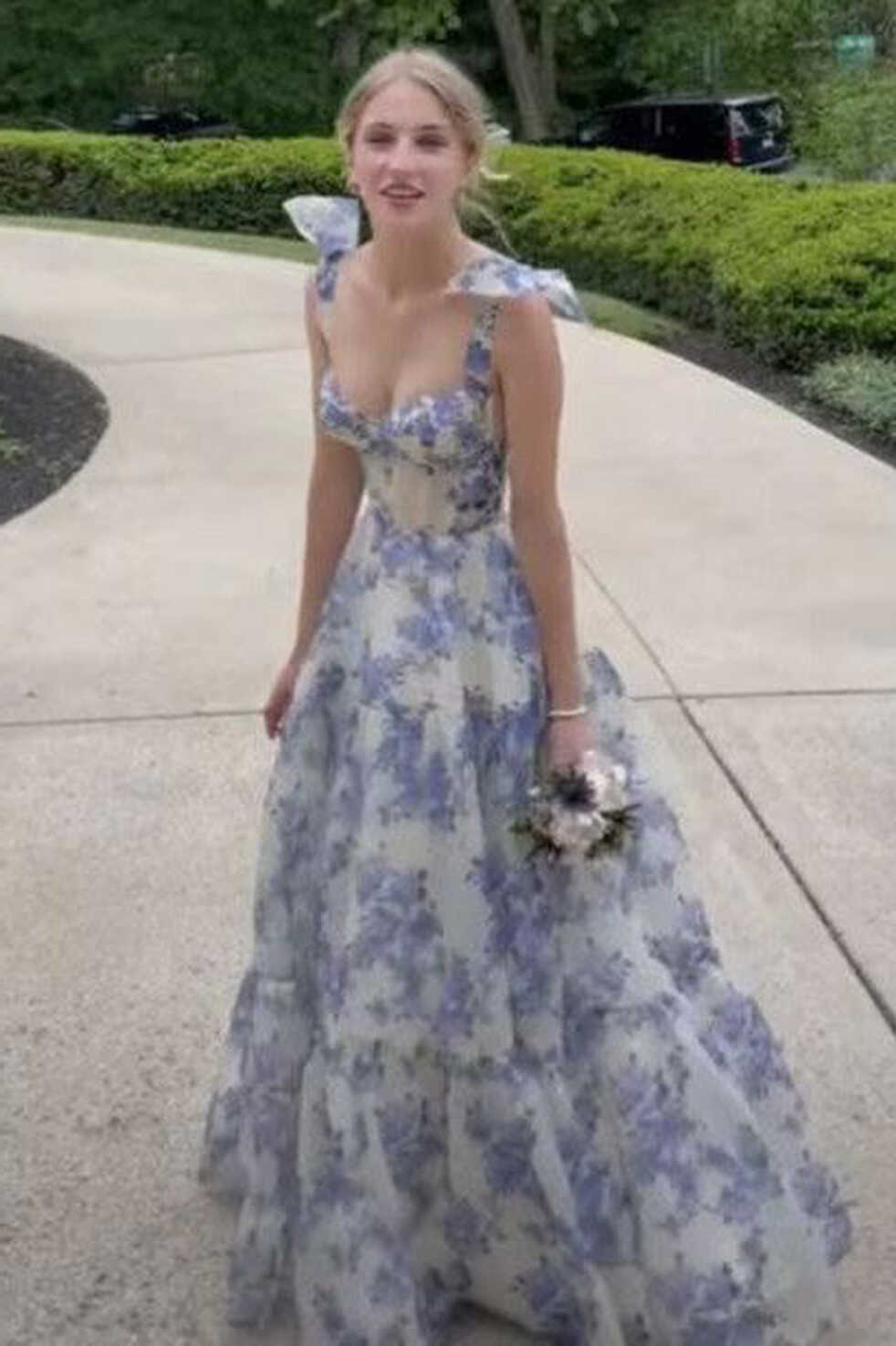 Elegant Floral Print A-line Floor-length Prom Dresses