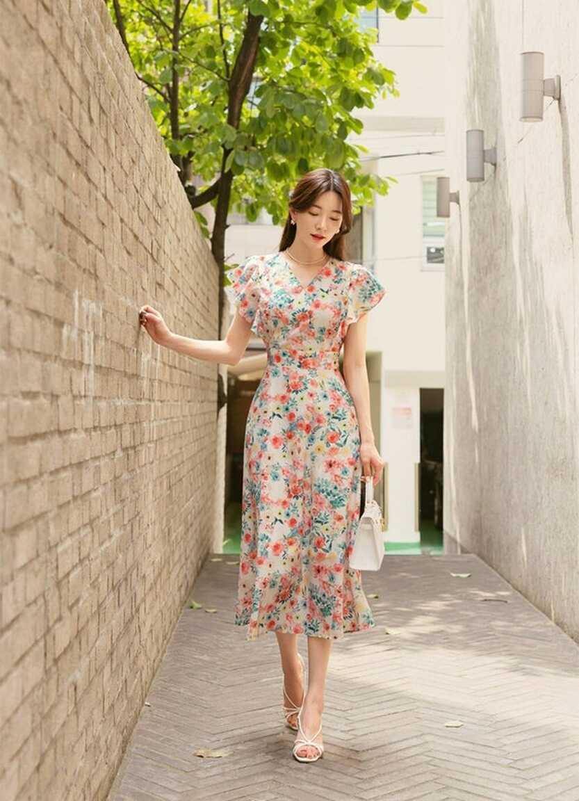 Elegant Floral Vintage Midi Dress Korean Style Summer Dress ...