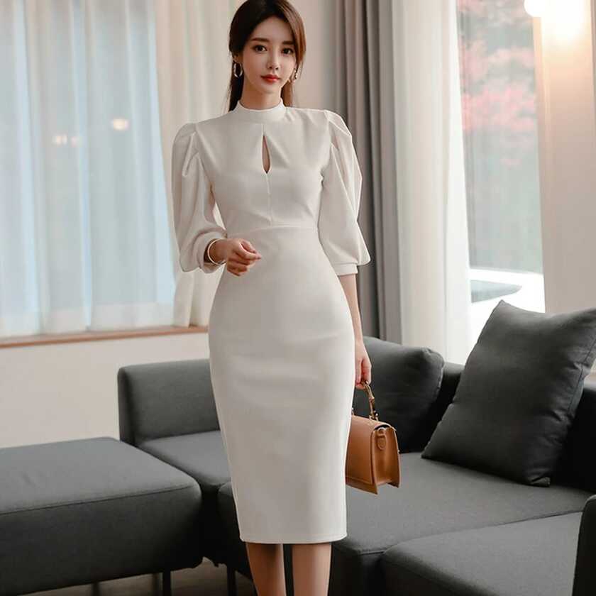 Elegant Formal Dress Simple Style White Puff Sleeve Pencil Dress ...