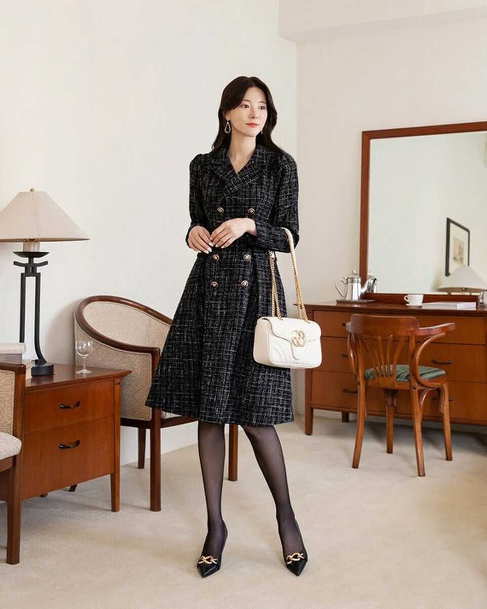 Elegant Formal Party Midi Dress Korean Style Black Tweed Dress ...