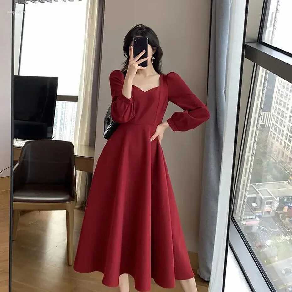 Elegant French Knee Length Urban Womens Burgundy Dress With Square ...