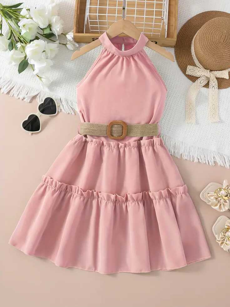 Elegant Girls Solid Halter Neck Sleeveless Dress Casual - Temu