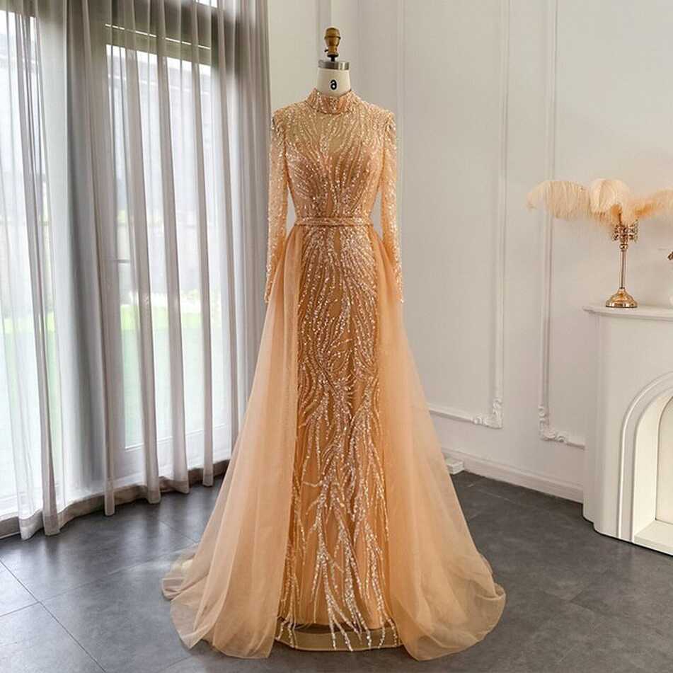 Elegant Gold Mermaid Arabic Luxury Evening Dress – DreamyVow