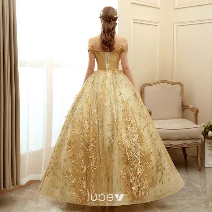 Elegant Gold Prom Dresses 2020 Ball Gown Off-The-Shoulder Short ...