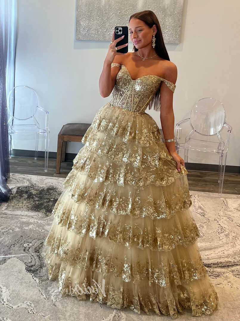 Elegant Gold Sparkly Lace Prom Dresses 2024 Off the Shoulder Ball ...