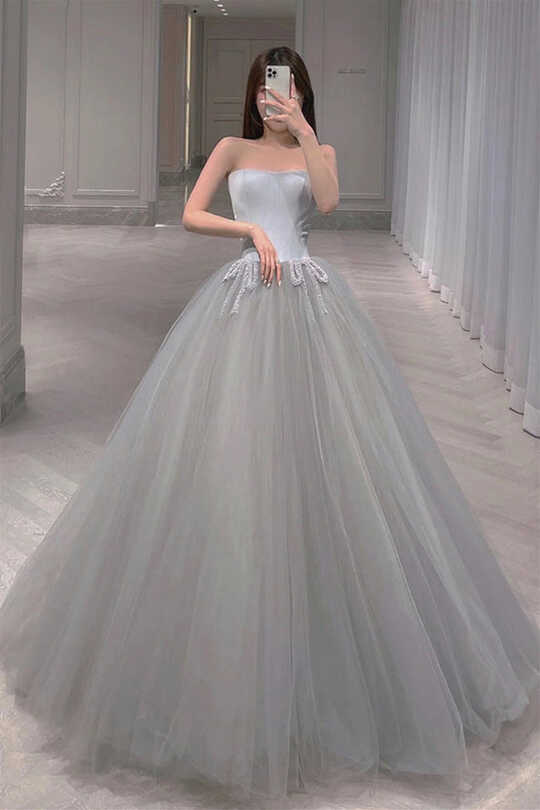 Elegant Gray Tulle Long Prom Dress, Strapless Gray Formal Evening ...