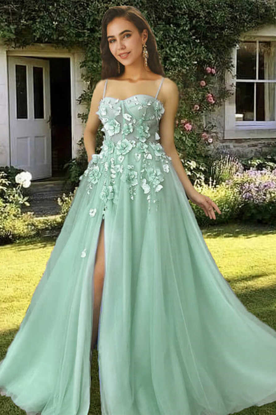 Elegant Green Floral Lace Long Prom Dress with High Slit, Long ...