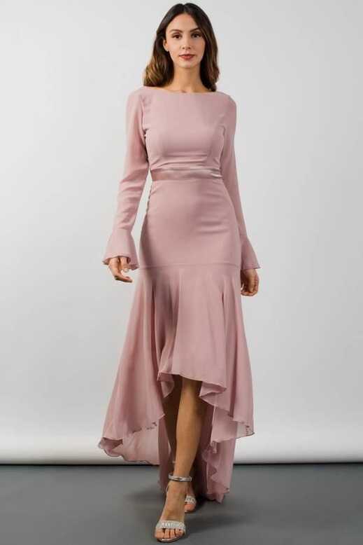 Elegant High-Low Bateau Neckline Wedding Guest Dress with Long Sleeves