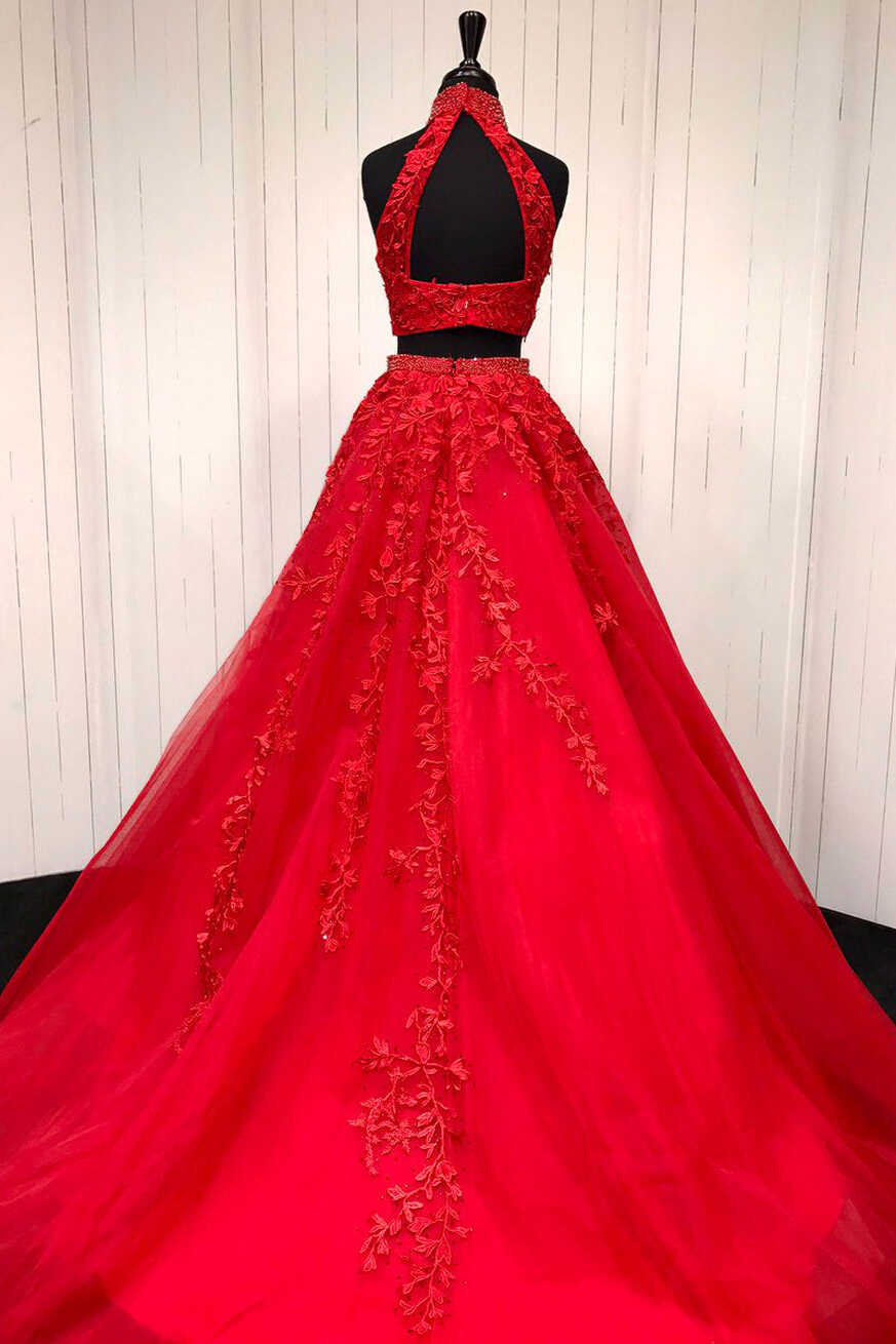 Elegant High Neck Two Piece Red Long Prom Dress – Dreamdressy