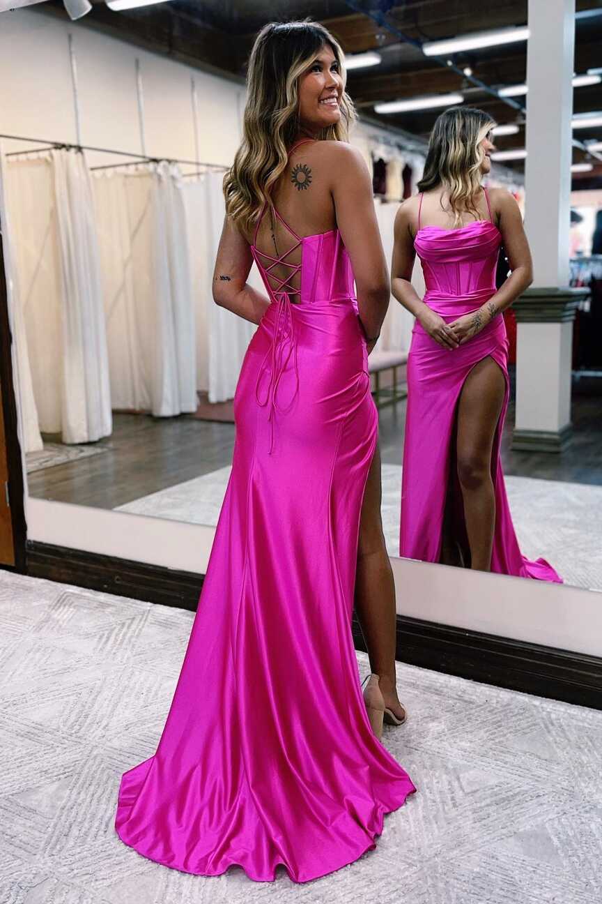 Elegant Hot Pink Mermaid Slit Long Formal Dress – Dreamdressy