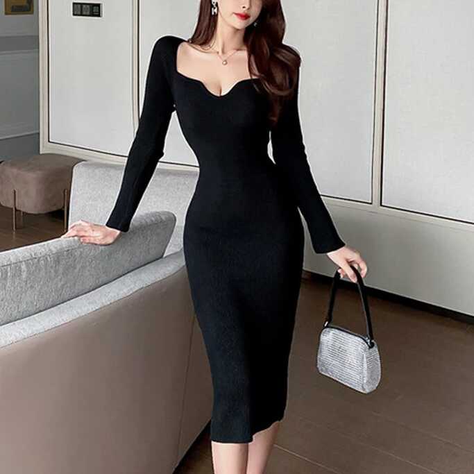 Elegant Knitted Black Midi Dress Women Korean One Piece Vintage V ...