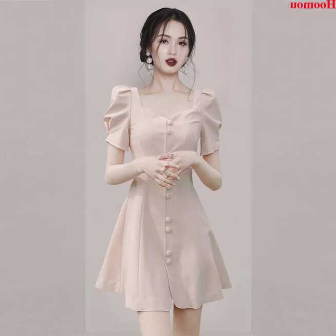 Elegant Korean Women Puff Sleeve A-line Summer Casual Party ...