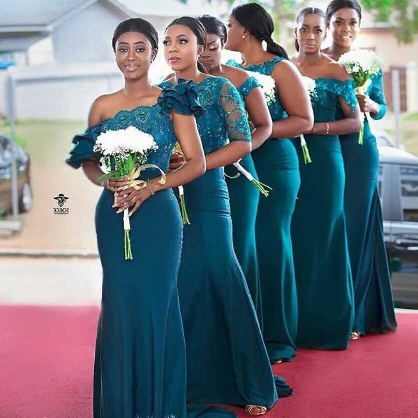 Elegant Lace Applique Teal Mermaid Bridesmaid Dresses With Long ...