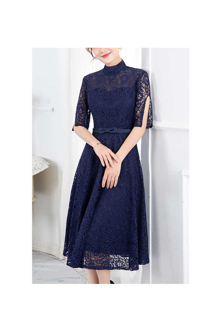 Elegant Lace Short Sleeve Midi Wedding Guest Dress With Turtle ...