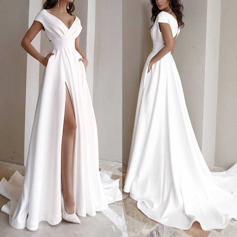 Elegant Ladies White V Neck Long Dress for Evening, Wedding ...