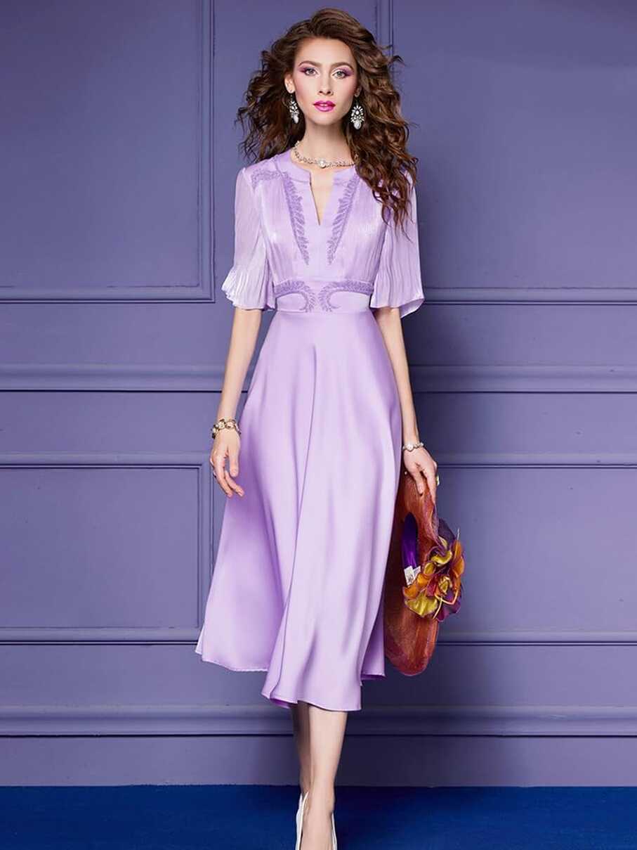 Elegant Lady Summer Beading Midi Purple Dress for Women Short ...