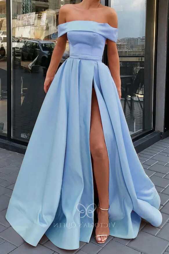 Elegant Light Blue Satin Off-shoulder Slit Formal Dress - VQ