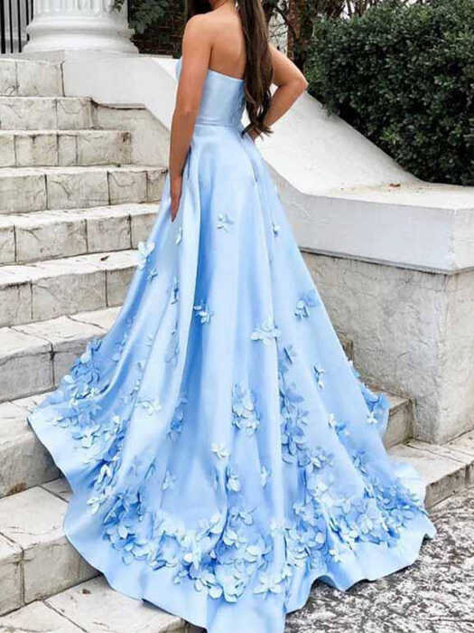 Elegant Light Blue Straight Neck A-line Satin Applique Long Prom ...