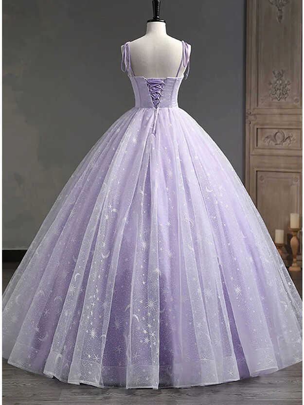 Elegant Light Purple A-line Tulle Straps Long Prom Dress Evening ...