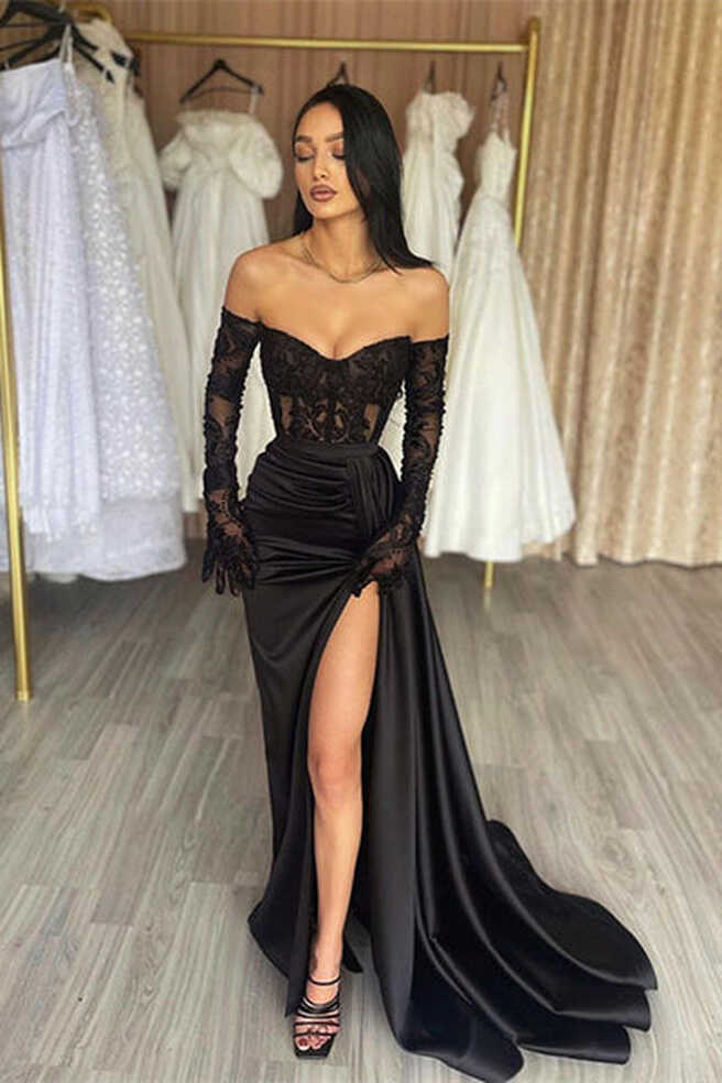 Elegant Long Black Off-the-shoulder Lace Mermaid Prom Dress With ...