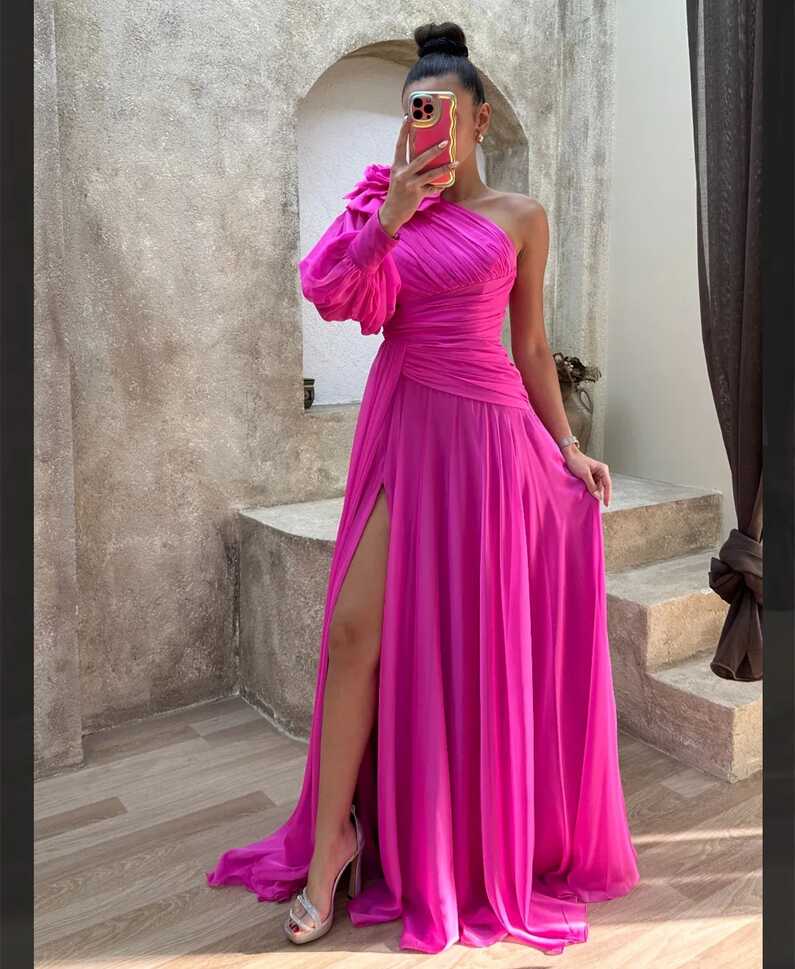 Elegant Long Hot Pink Chiffon Evening Dresses With Flower A Line ...