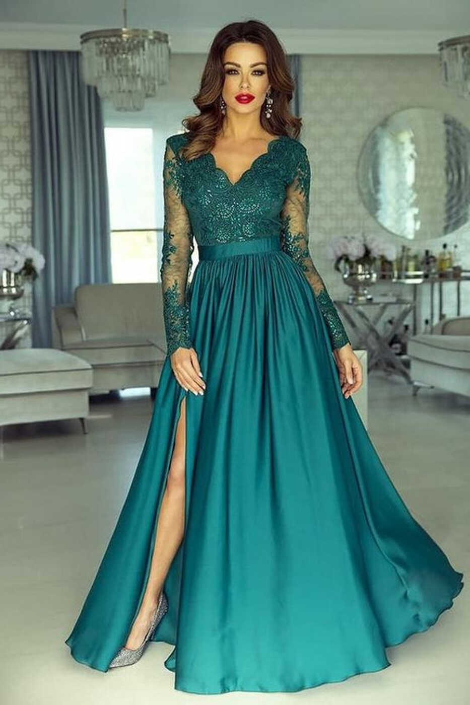 Elegant Long Sleeve A-line V-neck Lace Long Prom Dress with Slit ...