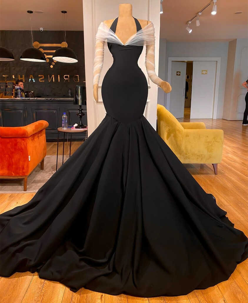 Elegant Long Sleeve Black Crepe Prom Dresses Mermaid Tulle V-neck ...