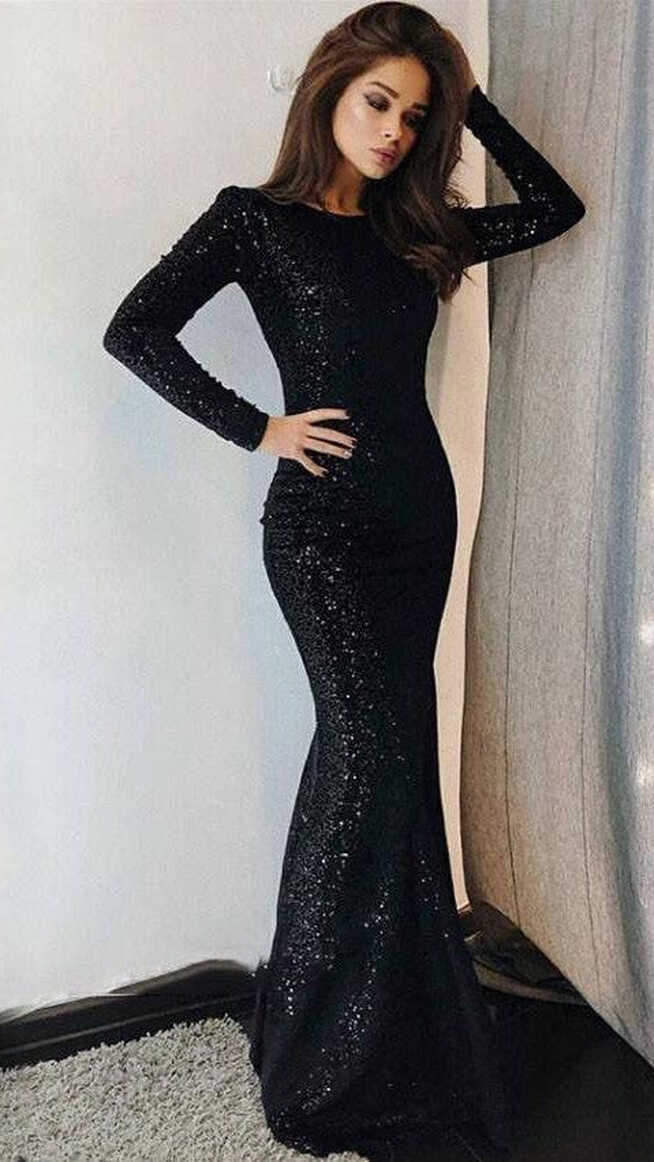 Elegant Long Sleeve Black Sequins Evening Dress – daisystyledress