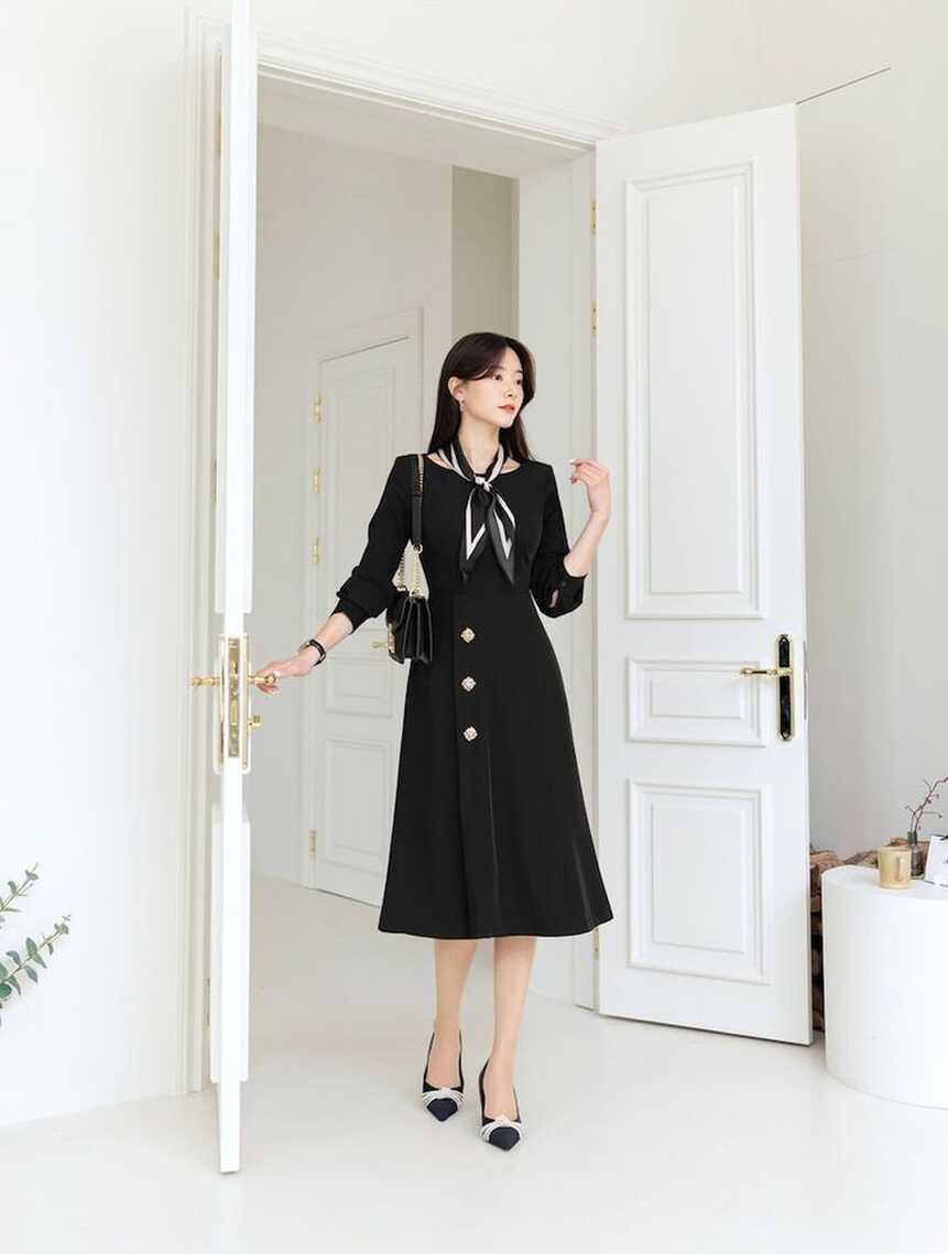 Elegant Long Sleeve Formal Dress Korean Style Autumn Midi Flare ...