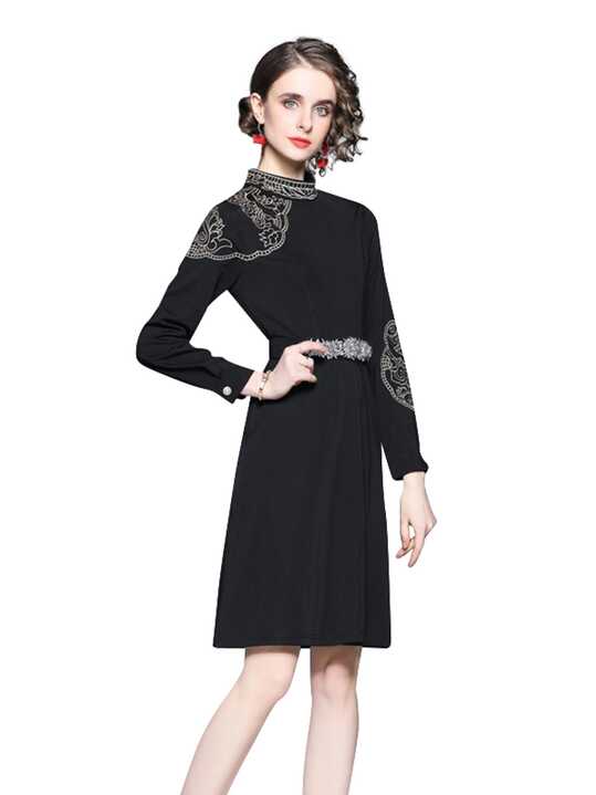 Elegant Long Sleeve Knee-Length Black Cocktail Dress ...