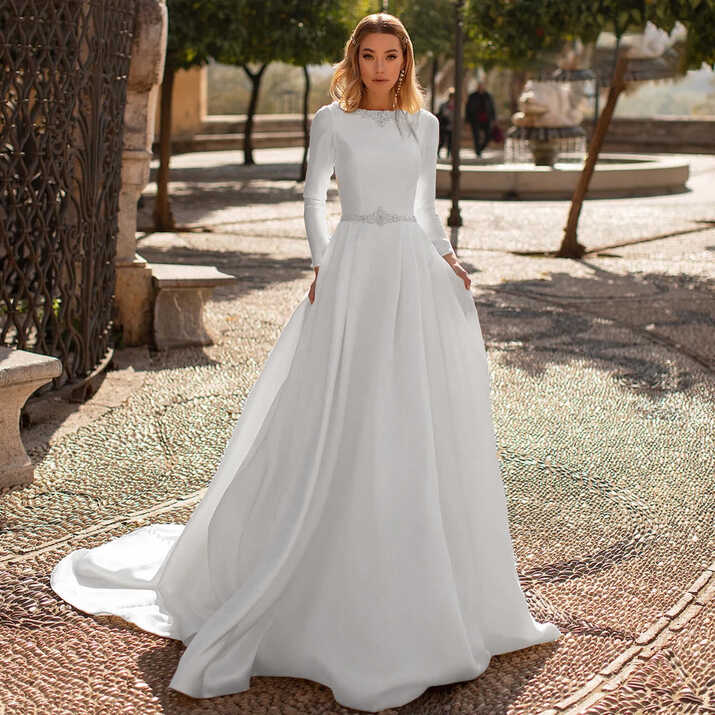 Elegant Long Sleeve Matte Satin Vintage Wedding Dress Sexy ...