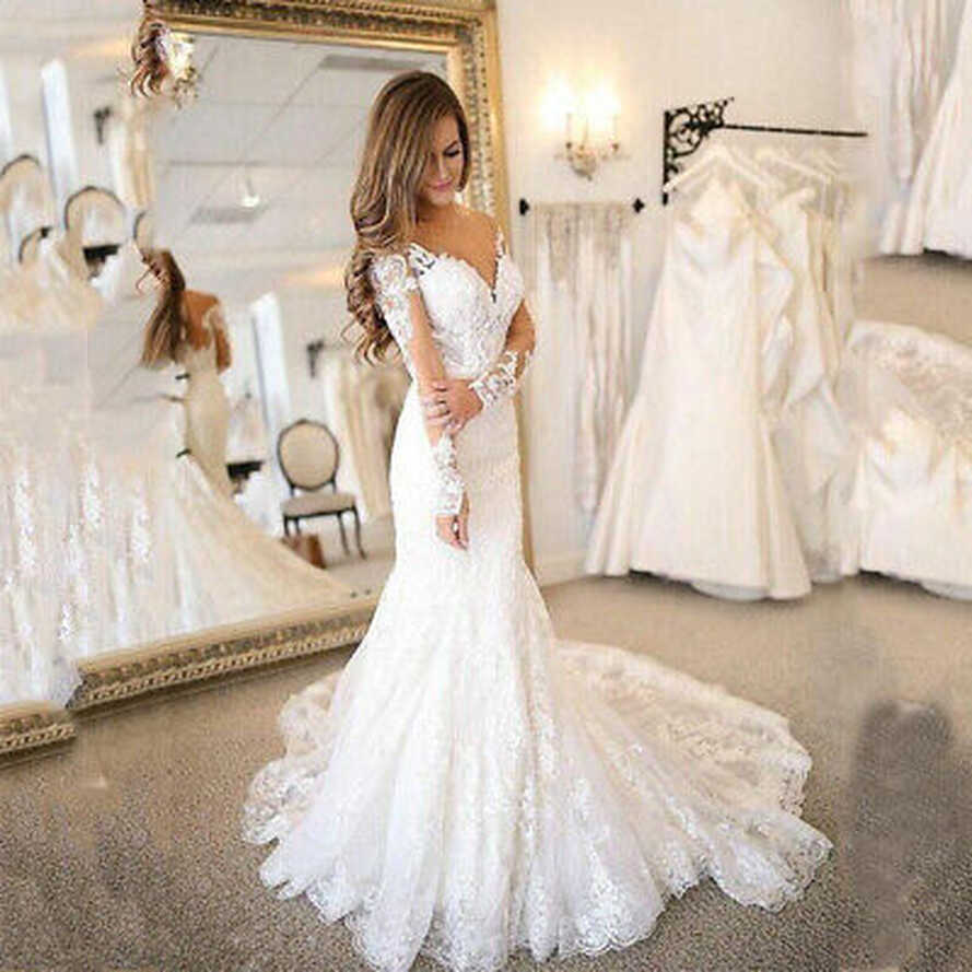 Elegant Long Sleeve Mermaid Wedding Dresses V-Neck Lace Bridal ...