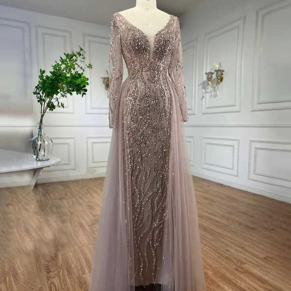 Elegant Long Sleeve Sequin Embellished Evening Bridal Party Dress ...