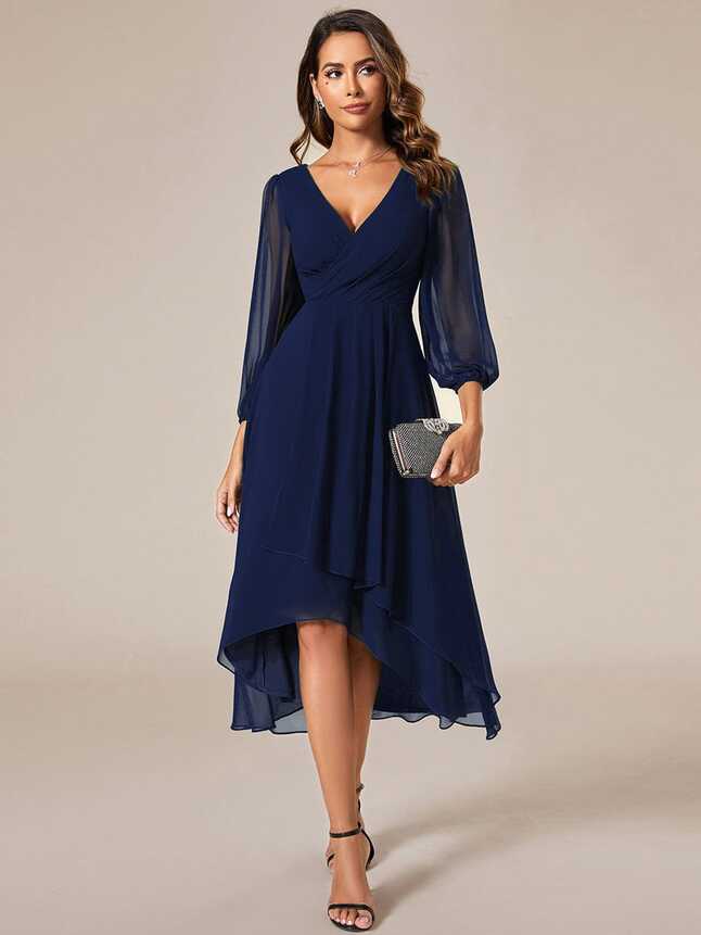 Elegant Long Sleeve V-Neck High Low Chiffon Wedding Guest Dress ...