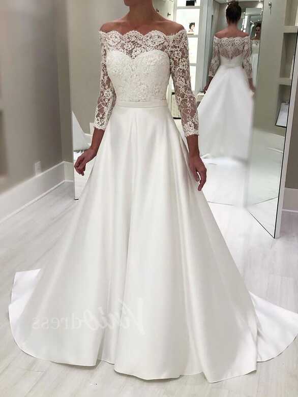 Elegant Long Sleeve Wedding Dresses Simple Satin Bridal Dress ...