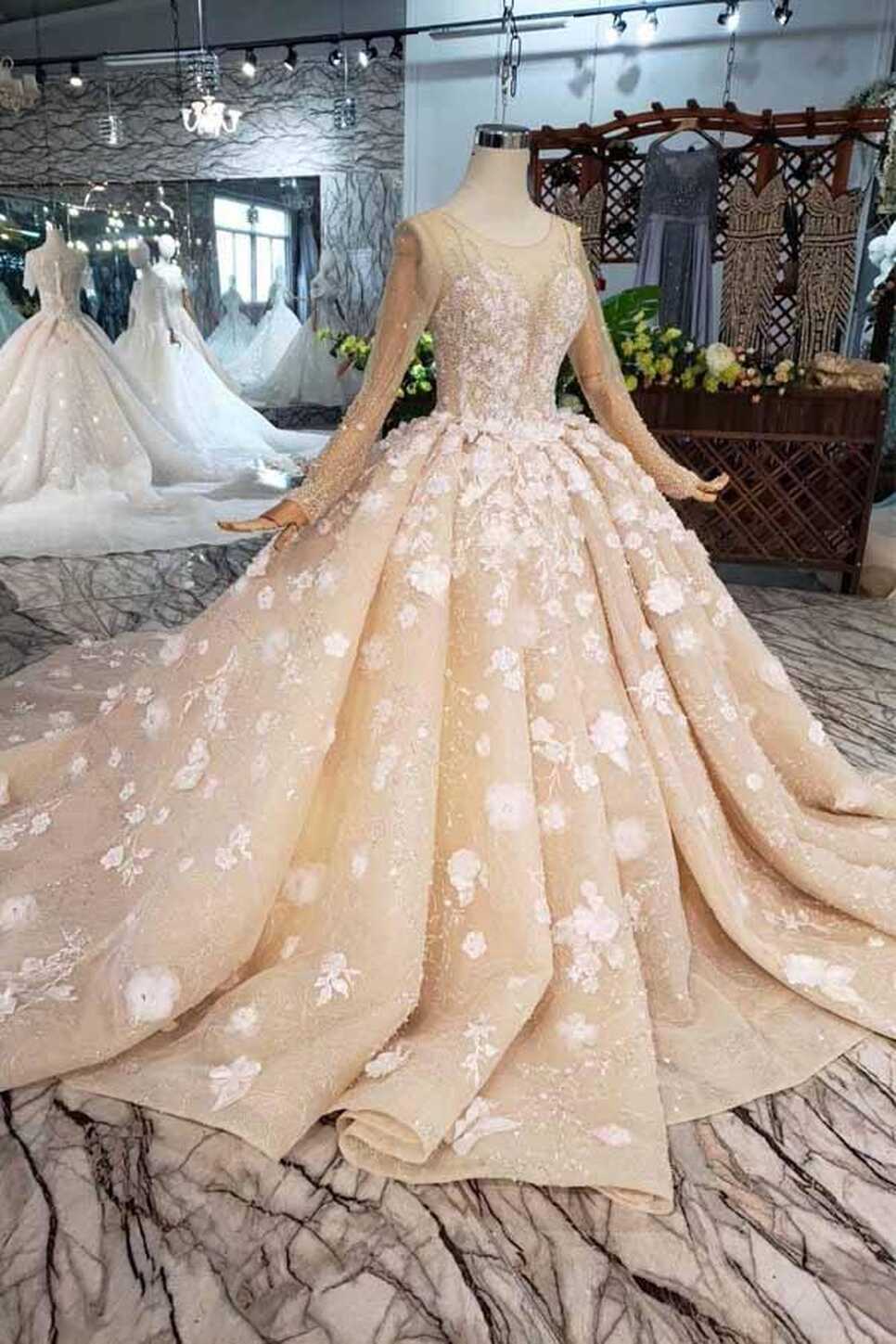 Elegant Long Sleeves Ball Gown Beading Wedding Dress With Flowers ...