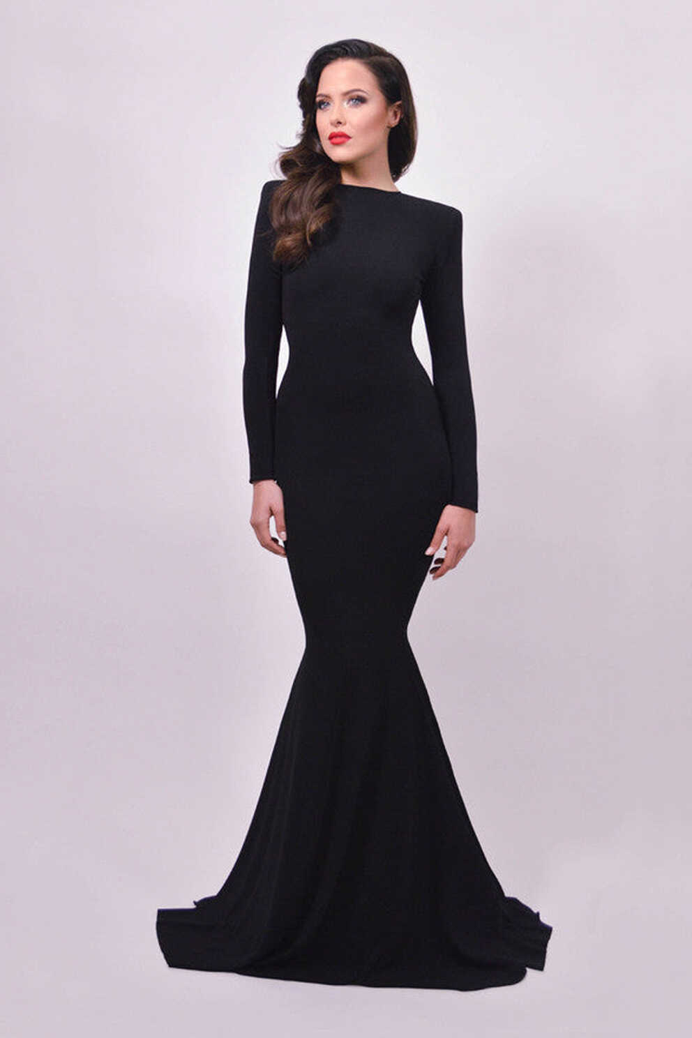 Elegant Long Sleeves Mermaid Black Backless Party Dresses Prom ...