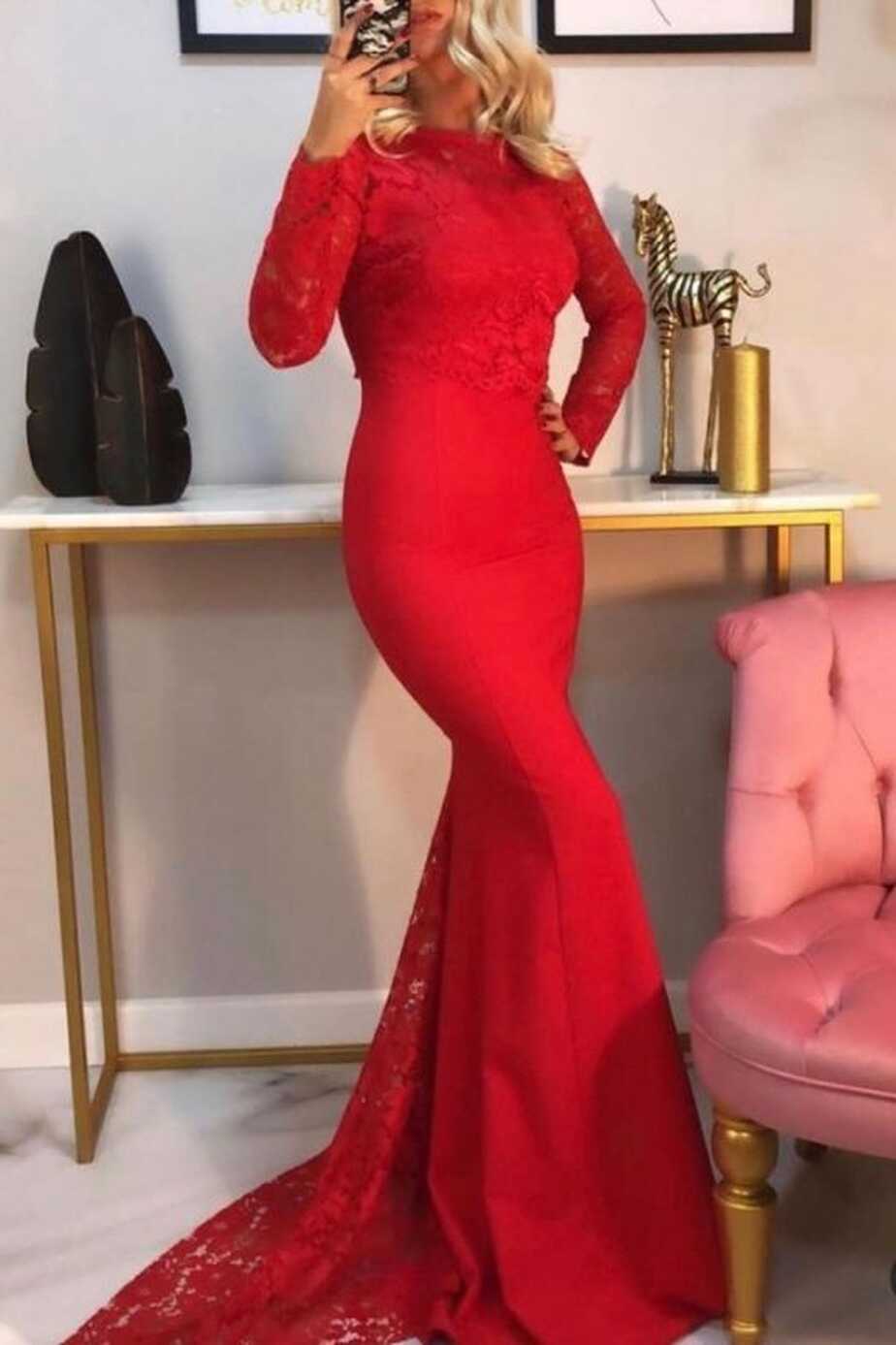 Elegant Mermaid Long Sleeves Red Prom Dress with Lace Online ...