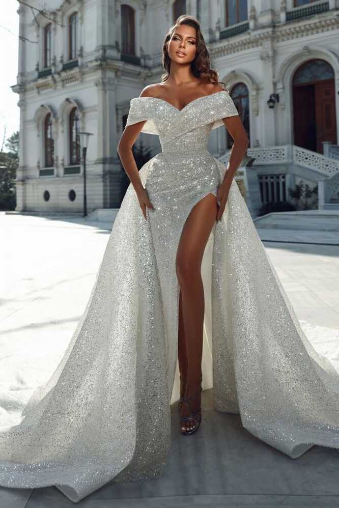 Elegant Mermaid Off-the-Shoulder Sequined Long Wedding Dresses ...