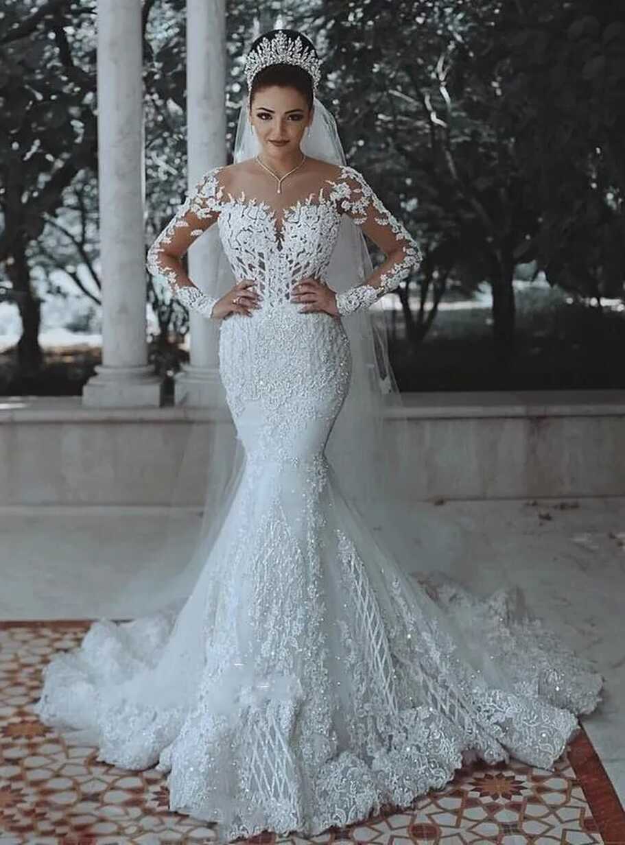 Elegant Mermaid See Through Long Sleeve White Lace Wedding Dress ...