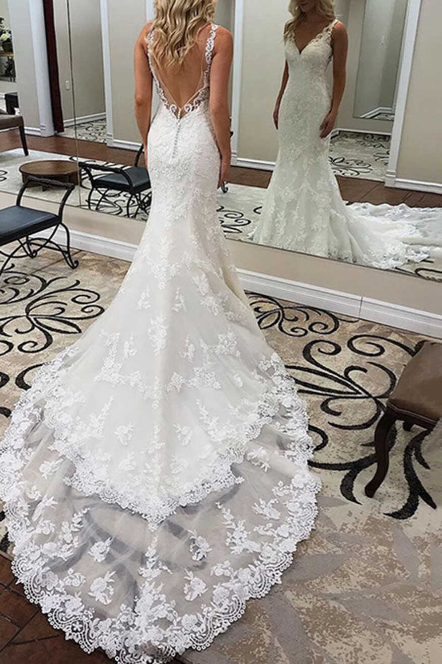 Elegant Mermaid V-neck Open Back Lace Wedding Dresses with Court ...