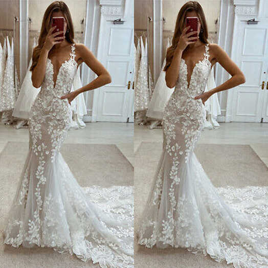 Elegant Mermaid Wedding Dresses Lace Appliques Straps Deep V-Neck ...