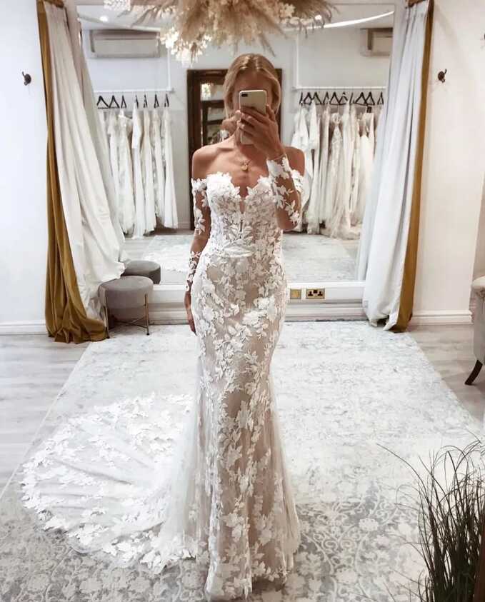 Elegant Mermaid Wedding Dresses Long Sleeve Lace Applique Bride ...